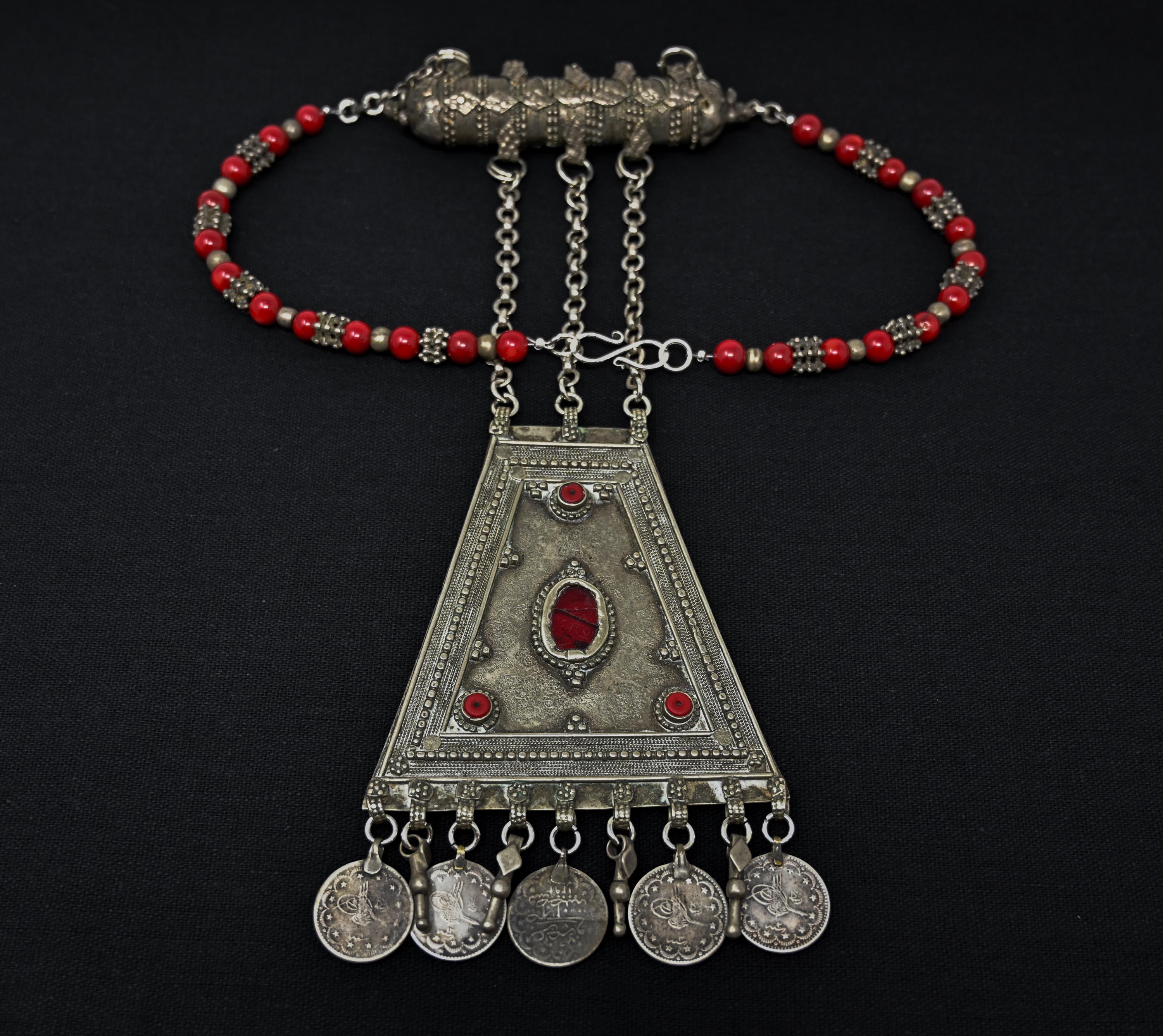 Antique Middle Eastern Islamic Yemeni Bedouin Red Coral Necklace with Ottoman Silver Kurush Coins
