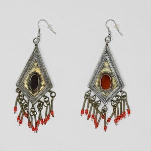Vintage Central Asian Kazakh Silver Pendants Upcycled into Earrings with Carnelian Filigree and Granulation