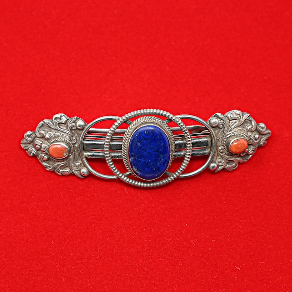 Vintage East Asian Chinese Tibetan Lapis and Coral Silver Hairpin