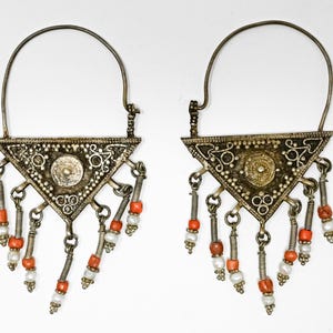 Antique Central Asian Tajik Silver Earrings with Filigree Granulation Coral and Pearl Beads