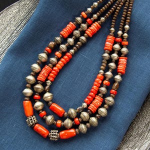 Three Strand Orange Brown Necklace - Natural Coral, Bronzite and African Metal Beads – Ethnic Tribal Jewelry – Boho - Designer Necklace