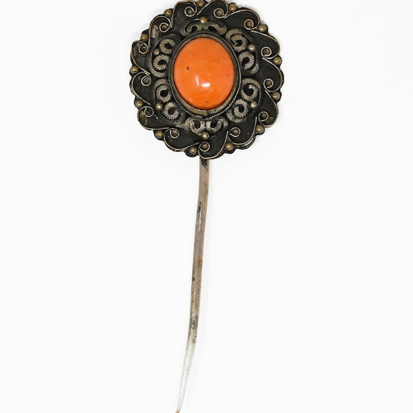 Inner Asian Mongolian Silver Coral Hairpin