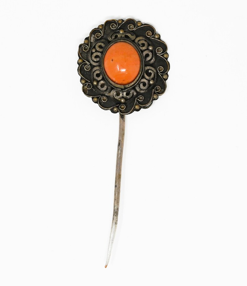 Inner Asian Mongolian Silver Coral Hairpin image 1