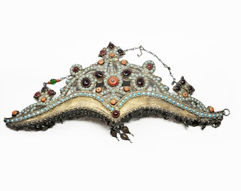 Central Asian Bukharan Uzbek Tilla Kosh Gilded Silver Tiara Diadem Crown Headdress with Turquoise, Ruby / Garnet, and Coral Gemstones