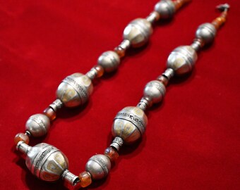 Vintage Central Asian Turkmen Necklace with Silver Gilt Beads with Filigree