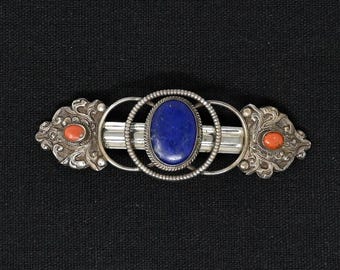 East Asian Vintage Chinese Tibetan Mongolian Lapis and Coral Silver Hairpin
