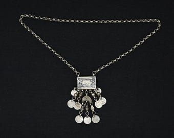 Middle Eastern Ottoman Bedouin Palestinian Niello Muska Amulet Pendant Necklace