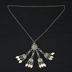 Antique Middle Eastern Yemeni Bedouin Silver Pendant Necklace with Chains and Dangles