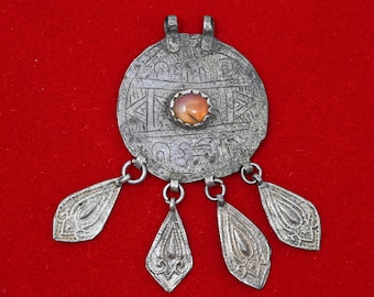 Vintage Middle Eastern Palestinian Charm Pendant with a Carnelian Stone and Dangles