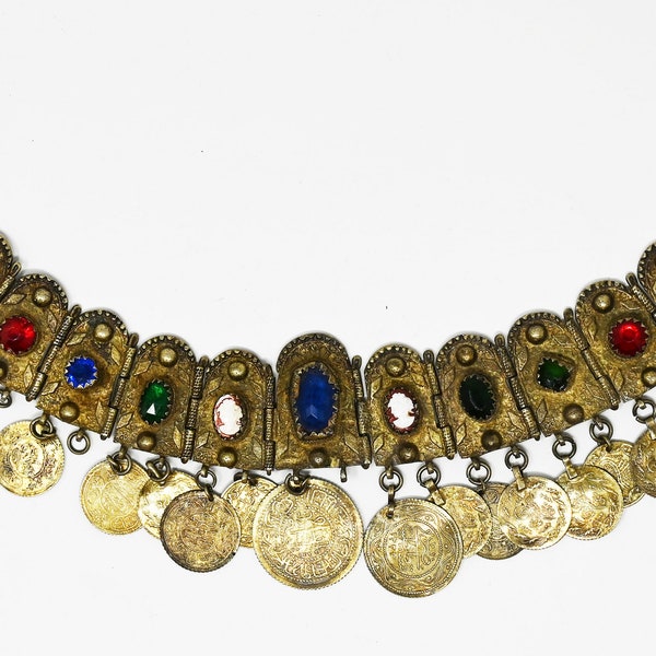 SOLD Balkan Bulgarian Headdress Component with Intaglio Gemstones, Glass, Gilt over Silver Colored Metal, and Ottoman Coins