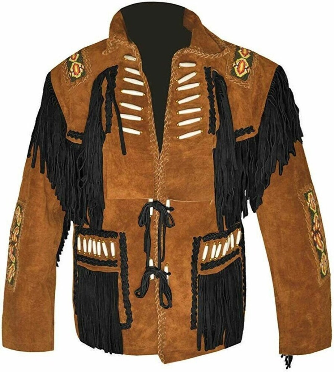 New Mens Native American Cowboy Buckskin Leather Jacket Coat - Etsy