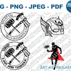 Thor Love and Thunder Bundle SVG PNG jpeg pdf, Hammer & Axe, Jane Foster Mighty Helmet, Eat My Hammer Cricut Cut File, Silhouette, Cut File