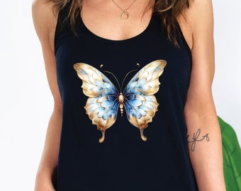 Butterfly Tank Top Women Cute Tanks Beautiful Racerback Tank Ladies Blue Butterfly Apparel Women's Tops Sports Elegant Tank Top Gym Clothes