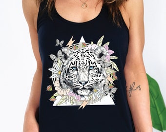 Canotta da donna con tigre, canottiera carina con schiena scoperta e stampa animalier, abbigliamento boho da donna, top sportivi con fiori, abbigliamento da palestra, faccia di tigre bianca