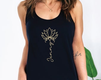 Personalized Yoga Tank Top, Lotus Yoga Tank, Customized Tank Top, Name Gym Shirt, Racerback Tank Workout, Yoga Lover Gift, Flower Tank Top