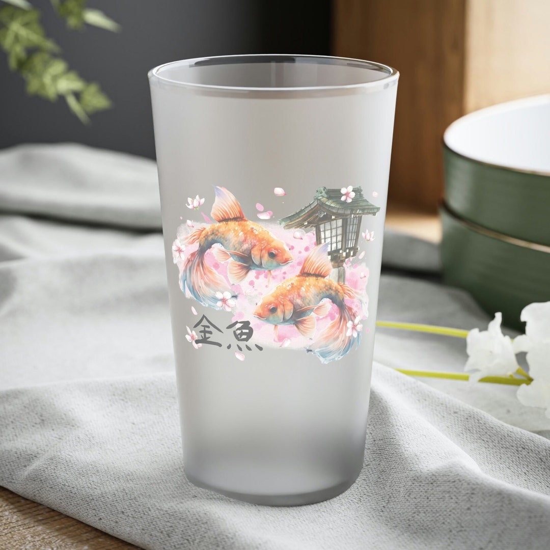Goldfish Glass Japanese Glasses Kanji Print Fish Glass Motivational