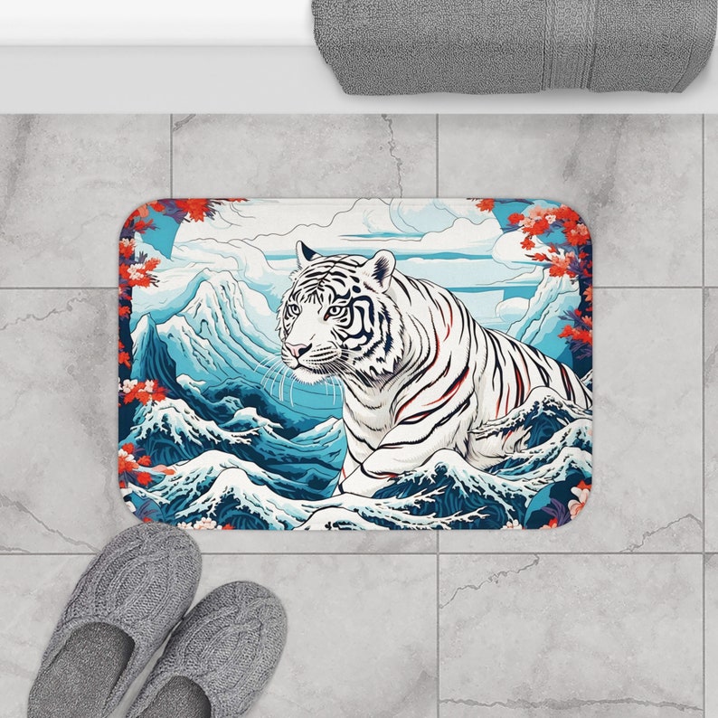 White Tiger Bath Mat, Japanese Bath Mat, Wave Floor Mat, Flower Shower