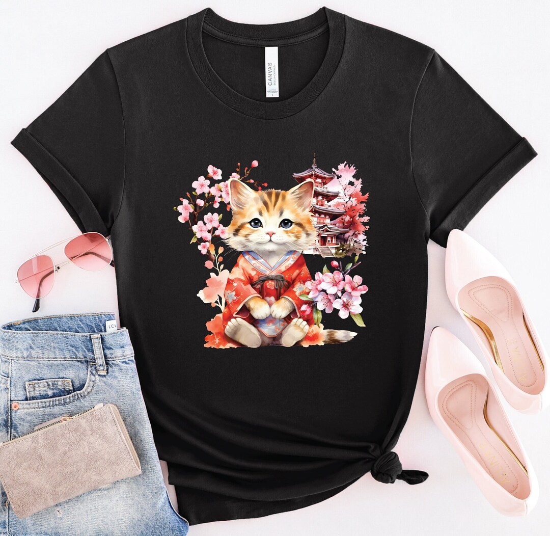 Japanese Cat Shirt Japan Tshirt Kimono Cat Tee Sakura Shirt Etsy