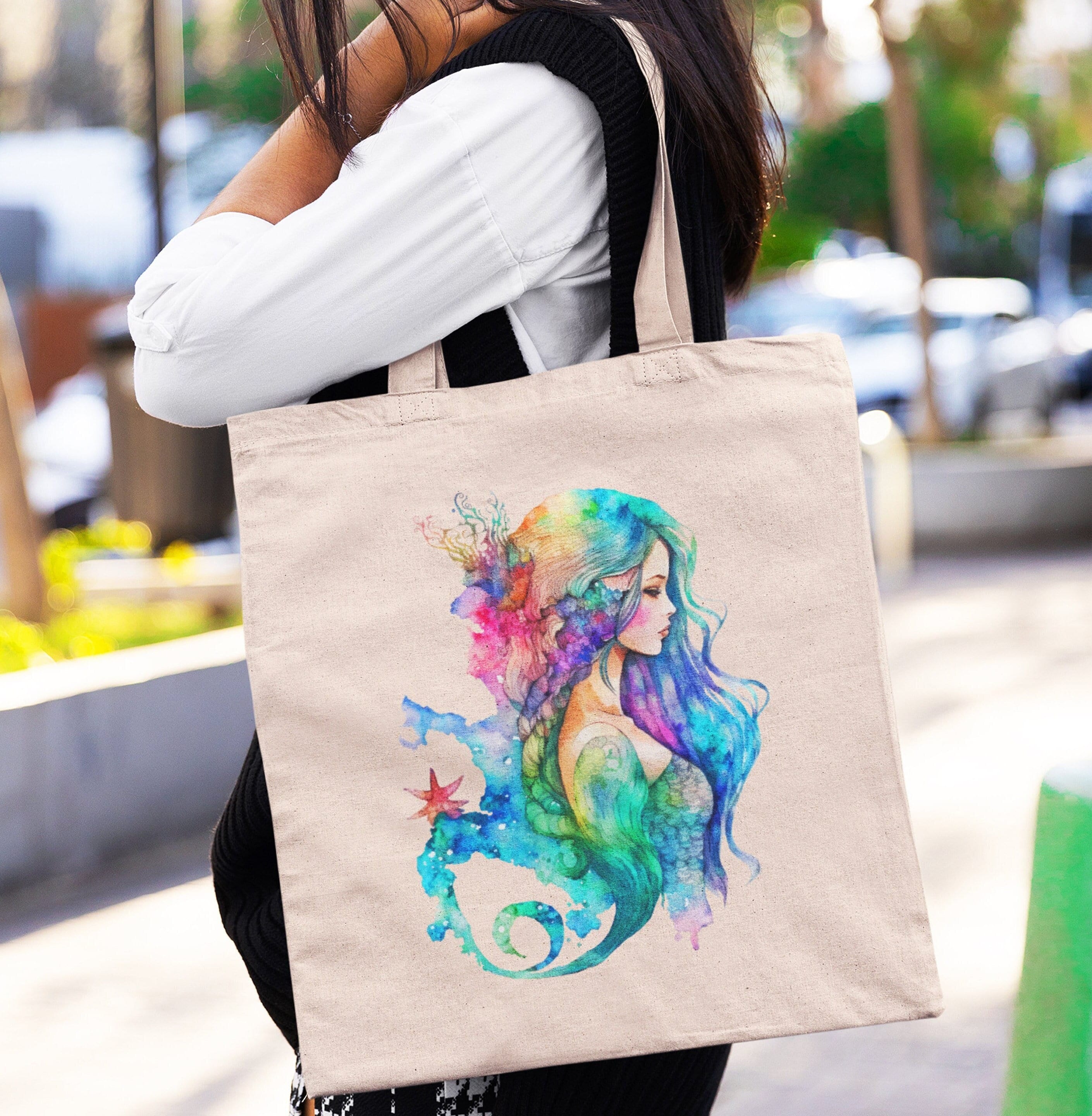 Mermaid Pastel Pattern Print Leather Tote Bag