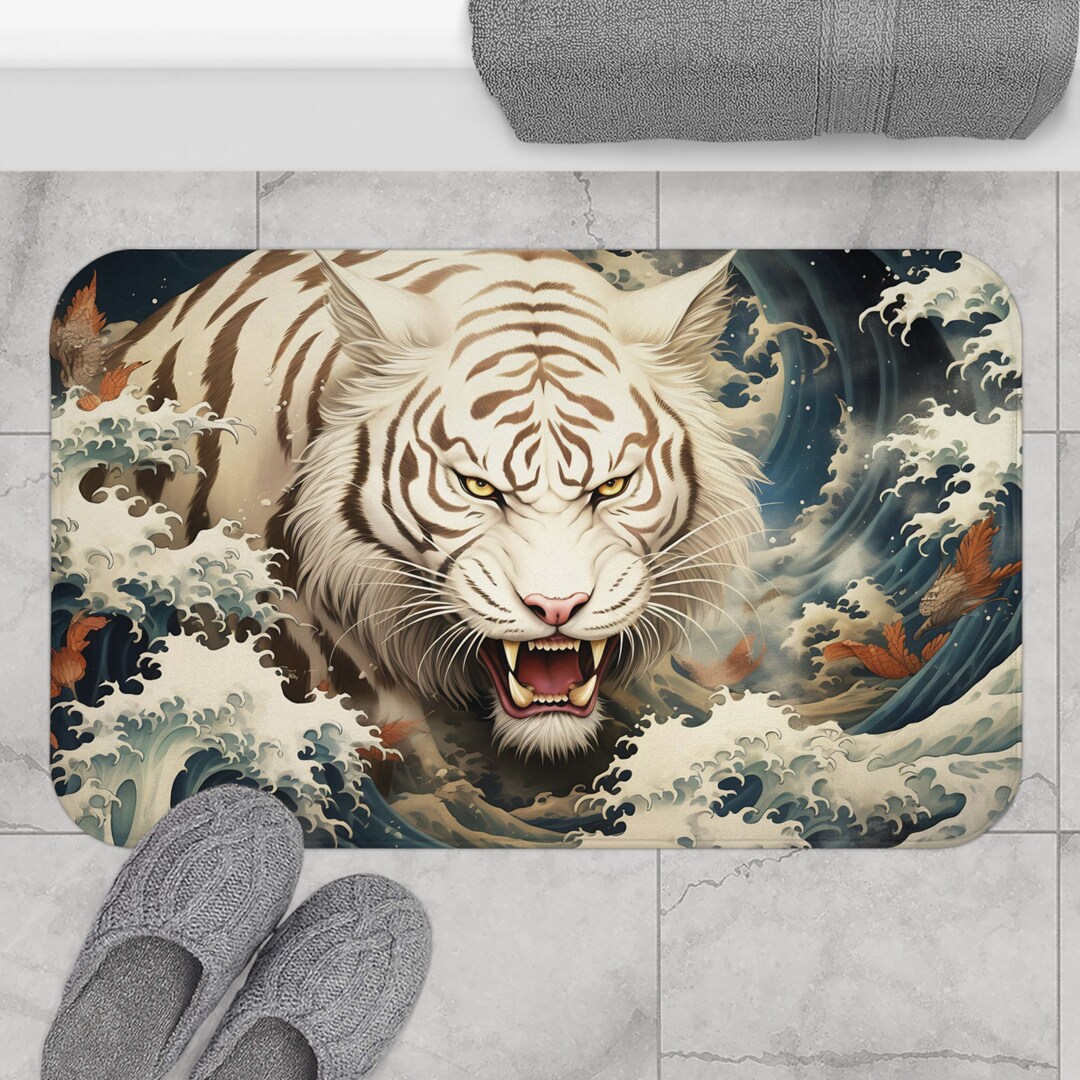 White Tiger Bath Mat, Japanese Bath Mat, Wave Floor Mat, Flower Shower