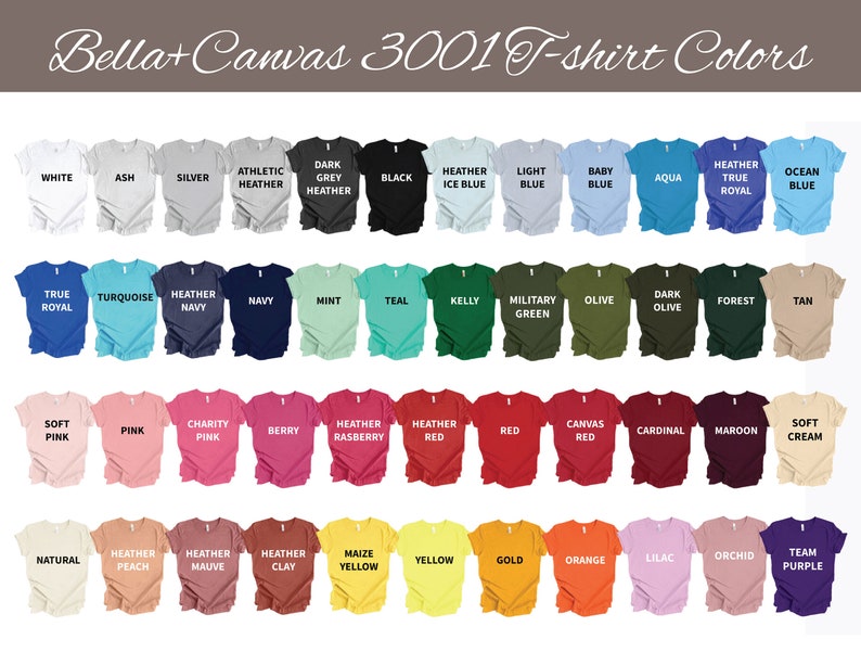 May include: A display of Bella+Canvas 3001 T-shirts in various colors, including white, black, and shades of blue, green, pink, and yellow. The image showcases a wide range of options for apparel design, with each color labeled for easy selection.