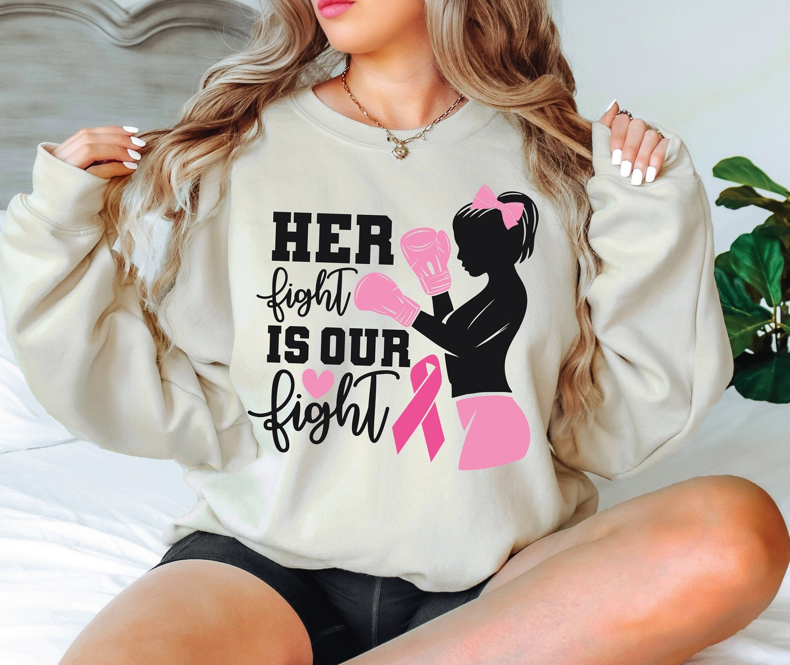 Pattern Print Pink Ribbon Breast Cancer Awareness Women Crewneck Sweatshirt