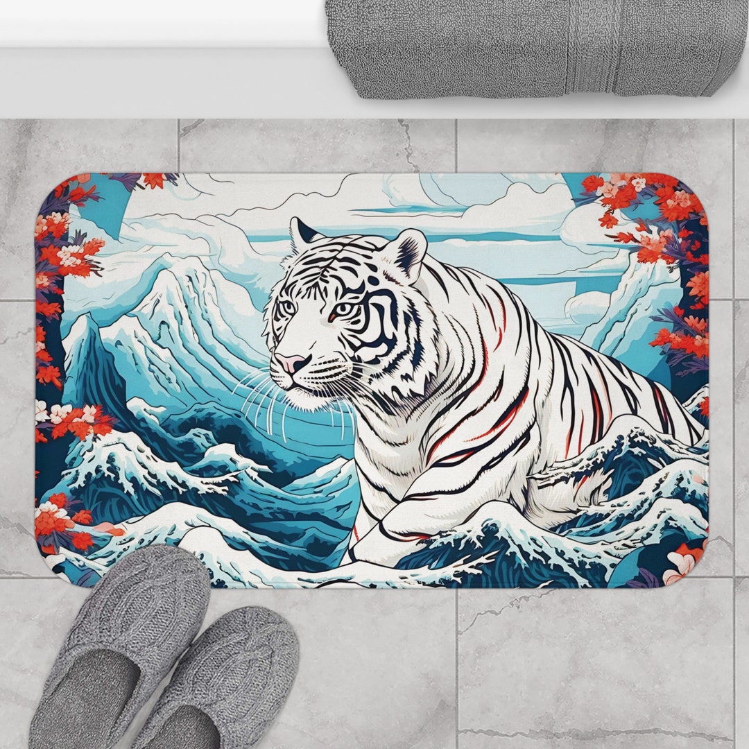 White Tiger Bath Mat, Japanese Bath Mat, Wave Floor Mat, Flower Shower