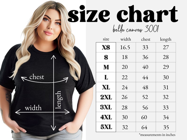 May include: A woman wearing a black t-shirt, with a size chart graphic. The chart displays measurements for width, chest, and length in inches, ranging from XS to 5XL. The text "size chart" is at the top.