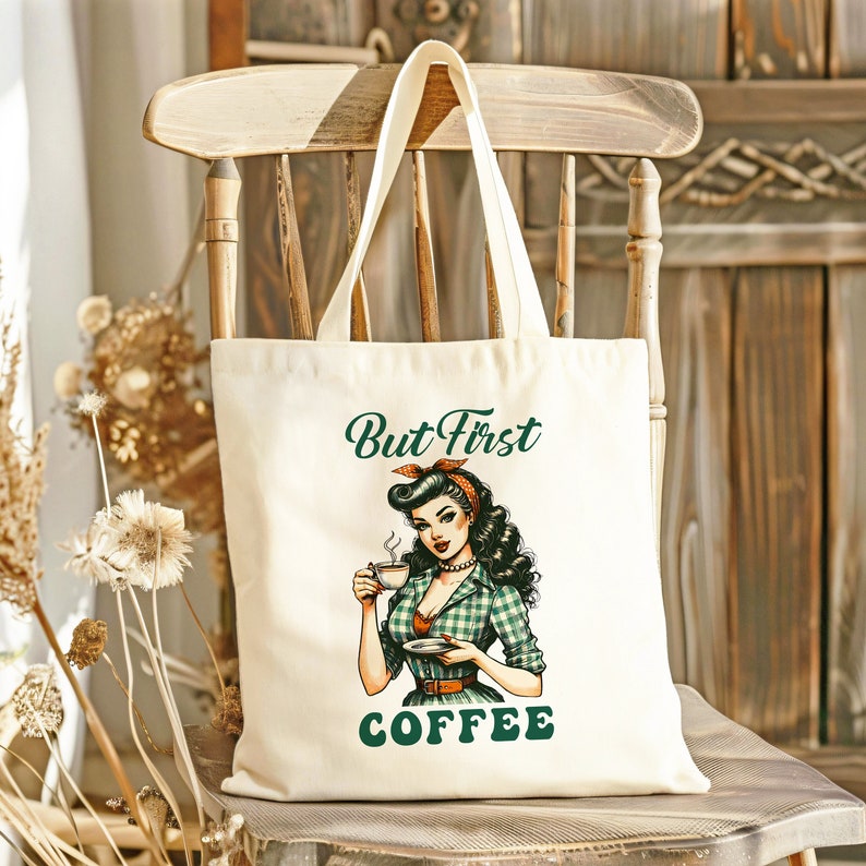TSIIUO Women's 'First Coffee Then Data' Canvas Tote Bag - Funny Coffee Lover Bag, 15.8x13.5 Inches, Reusable Grocery Bag