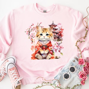 Japans kattenshirt Japans sweatshirt Sakura-shirt kersenbloesemsweatshirt vrouwen kattenliefhebber cadeau Japan reiscadeaus Japans printshirt schattig