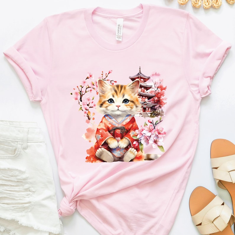 Japanese Cat Shirt Japan Tshirt Kimono Cat Tee Sakura Shirt Etsy