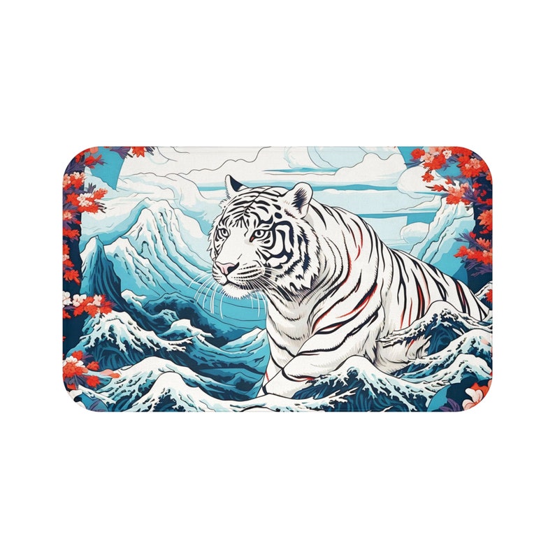 White Tiger Bath Mat, Japanese Bath Mat, Wave Floor Mat, Flower Shower
