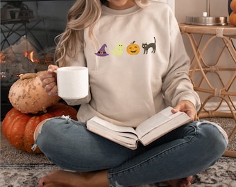 Halloween Sweatshirt, Graphic Halloween Crewneck Fall Crewneck Fall Sweatshirt Pumpkin Sweatshirt Ghost Cat Witch's Hat Sweatshirt