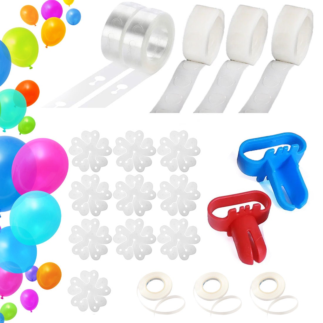 Balloon Decorating Strip Kit Set Arch Garland 32 Ft Balloon Tape Strip,  10pcs Flower Clips, Tying Tool, 300 Glue Pt Dots Party Baby Shower 