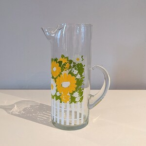 Vintage Daisy & White Picket Fence Glass Pitcher
