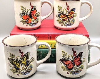 Set of 4 Stoneware Butterfly Coffee Mugs