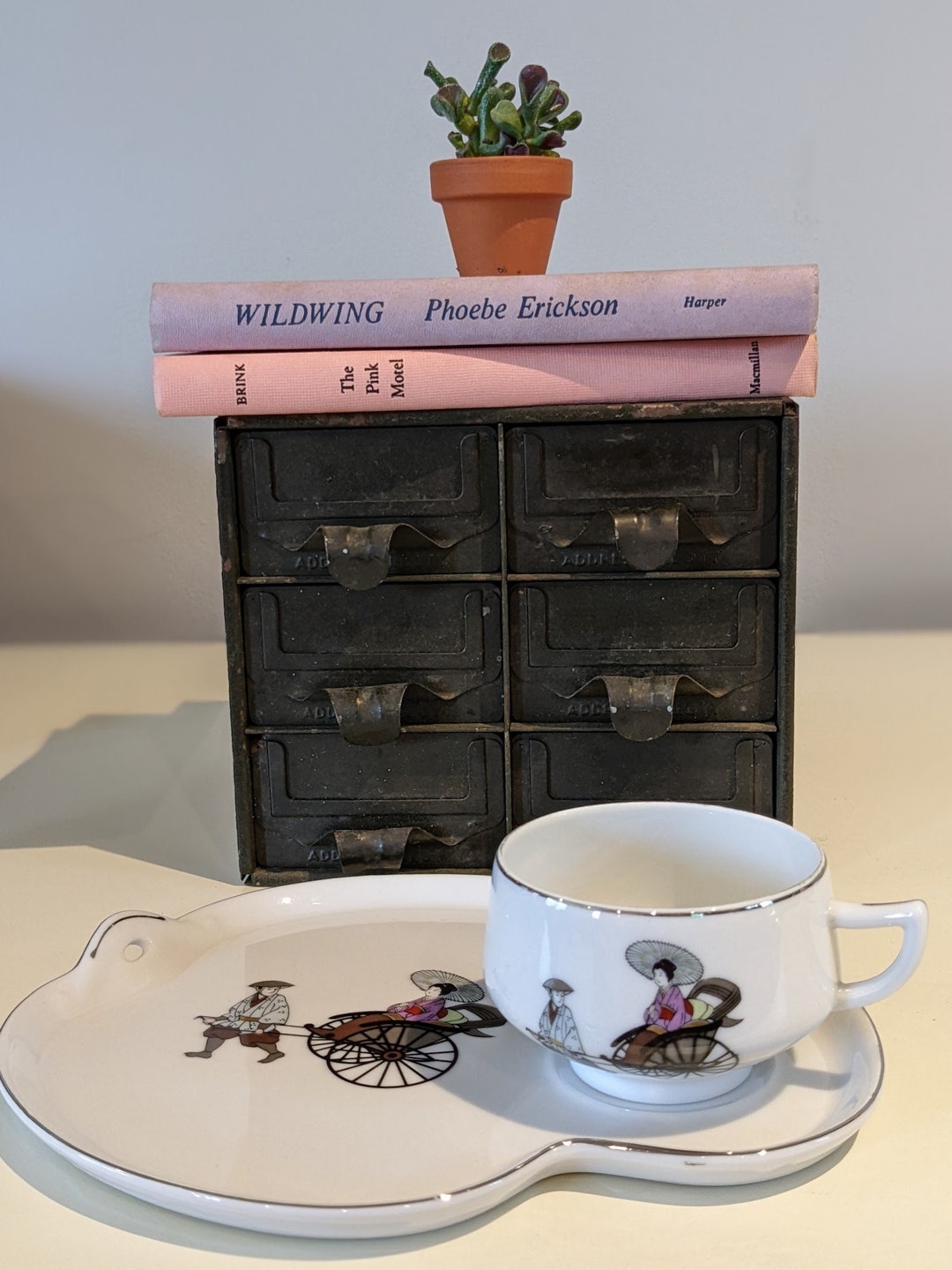 Set of 2 Vintage Japanese Rickshaw Tea Cups and Snack Trays