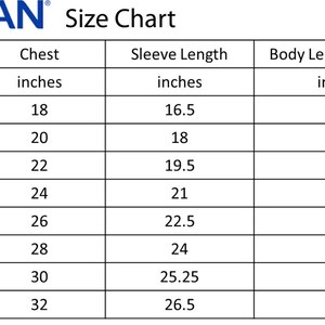 May include: Size chart for Gildan clothing, showing chest, sleeve length, and body length at back measurements in inches for sizes S through 5XL.