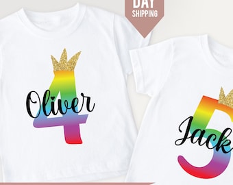 Personalised Rainbow Birthday T-shirt, 4th 5th 6th Custom Birthday T-shirt, Personalized Birthday Gift, Customisable Safari Birthday Shirt