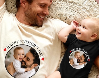 Dad And Baby Photo Shirt, First Father's Day Matching Photo Shirt & Baby Vest, Fathers day 2026 t-shirt, Dad son shirt 2026, Custom Photo T