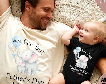 First Father's Day Matching Bear Shirt & Baby Vest, Fathers day 2026 t-shirt, Dad son shirt 2026. Dad Elephant Shirt, Dad Daughter shirt