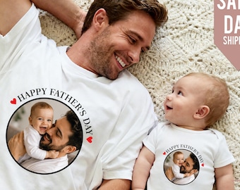 Dad And Baby Photo Shirt, First Father's Day Matching Photo Shirt & Baby Vest, Fathers day 2026 t-shirt, Dad son shirt 2026, Custom Photo T