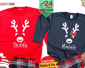Personalised Christmas Family Pyjama Set, Matching Christmas Family Outfit 2022, Reindeer Long Sleeve Tshirt, Christmas Gifts for Dad Mum