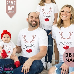 Family Matching Christmas T-shirt & Dog Cat Bandana Personalised Festive Reindeer tshirt Red Nose Reindeer, Custom Christmas Shirt 2023