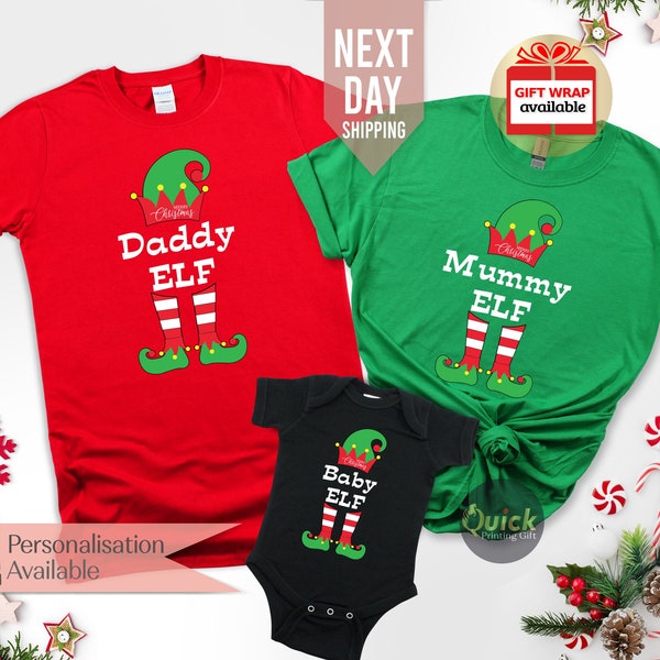 Chemises familiales personnalisées assorties aux lutins, chemises personnalisées elfes, chemise papa maman bébé elfe, t-shirt drôle de Noël, cadeau de Noël papa maman
