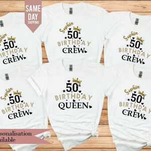 カスタム誕生日クイーンとクルーのTシャツ、1975年のグループシャツ、パーソナライズされた50歳の誕生日クイーンのTシャツ、40歳の誕生日クイーンのあなたの名前が入ったシャツ