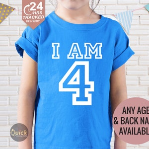 Camiseta de cumpleaños personalizada para niños, camiseta de 4.º cumpleaños, camiseta de cumpleaños para cualquier edad y nombre, atuendo de 4.º cumpleaños para niña y niño, regalo de 4.º cumpleaños en el Reino Unido 2023