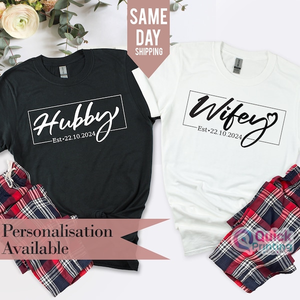 Personalised Hubby Wifey TShirts, Matching Couple Sweatshirts, Bride Groom Shirt, Honeymoon Tshirt, Fiance Fiancee Shirt, Gift for Wife