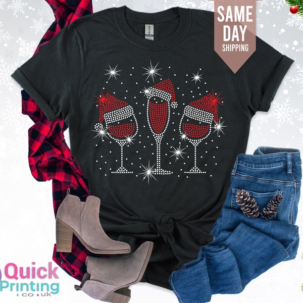 CHRISTMAS WINE GLASSES  Tshirt, Wine Glasses Santa Hat Christmas Tee,  Ladies xmas TShirt, Red Wine Glass Shirt Funny Christmas, Christmas T