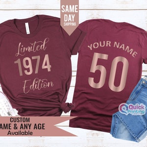 Personalised Name 50th Birthday Gift for Women, 50th Vintage 1974 Birthday Tshirt, Birthday gift for Mum Dad, Mothers Day Gift 2024